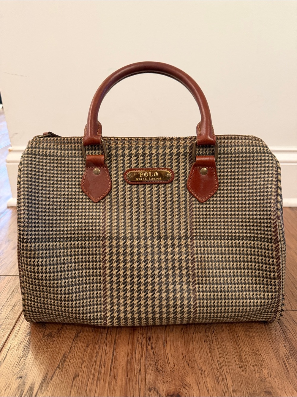 Vintage Polo Ralph Lauren Mini Boston Brown Houndstooth Satchel with Tan Accents